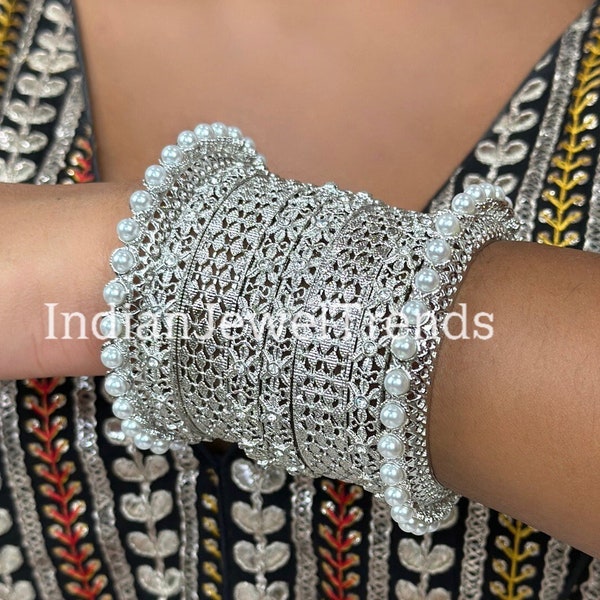 Silver Pearl Bangles Set/Pearl Bangles/Indian Bangles/Indian wedding/bridal jewelry/Statement bangles/Silver bangles