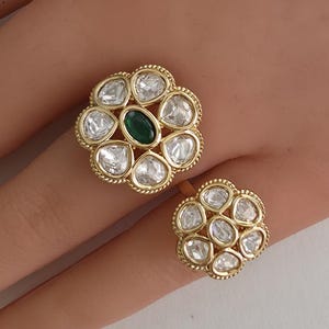Green Bridal Gold Moissanite Kundan Polki Ring/Adjustable Ring/Indian Ring/ Pakistani /Indian Jewelry/Bollywood Jewelry/Indian Wedding