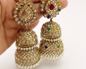 Restocked Antique Polki kundan Jhumka/stone Jhumka/Indian Jewelry/Pakistani Jewelry/Punjabi Jewelry/Statement earring/Bridal earring wedding