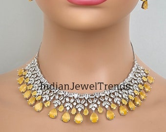 Yellow CZ diamond bridal necklace, American Diamond wedding necklace, Cz jewelry, Indian, Pakistani, Punjabi wedding jewelry