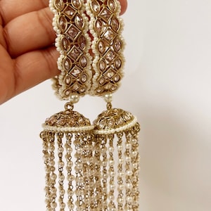 Restocked Bollywood Polki Kundan antique finish Jhumka Pearl Bangles Set(2 PC)/Punjabi Pearl bangles/Kalira/Kaleera/Bridal bangles/ wedding