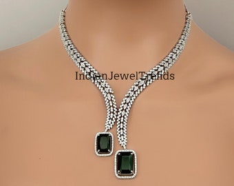 Emerald Green Silver CZ Diamond necklace, American Diamond Necklace,Indian pakistani jewelry for wedding, gift for her, bridal jewelry