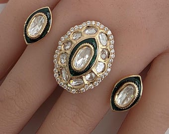 Green Bridal Fine Moissanite Kundan Ring/Two Finger Adjustable Ring/Statement Finger Ring, Indian Jewelry/Double Finger Ring, Cocktail Ring