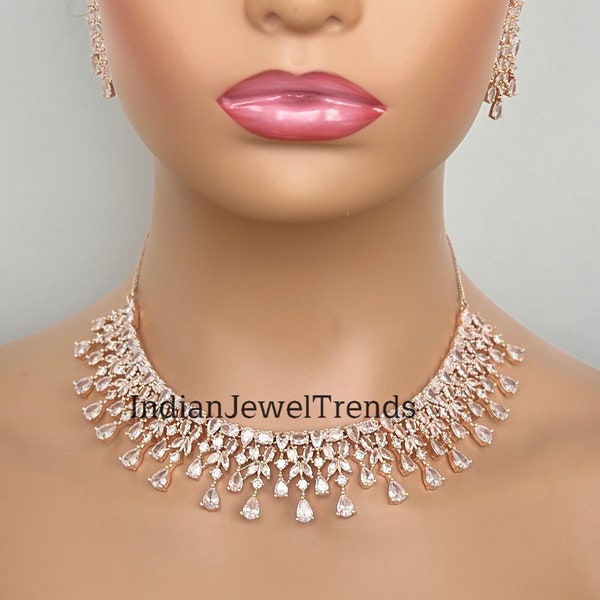 Rose Gold CZ Diamond necklace with Earrings and Tikka /CZ Stones Necklace Set/Elegant/Unique Jewelry/Indian/Pakistani/Bollywood