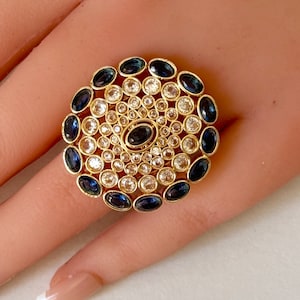 Large Gold Finish Polki Ring/Adjustable Ring/Indian Ring/ Pakistani Jewelry/ Indian Jewelry/Bollywood Jewelry/Indian Wedding jewelry