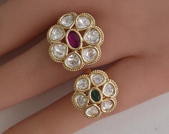 RubyGreen Bridal Gold Moissanite Kundan Polki Ring/Adjustable Ring/Indian Ring/ Pakistani /Indian Jewelry/Bollywood Jewelry/Indian Wedding
