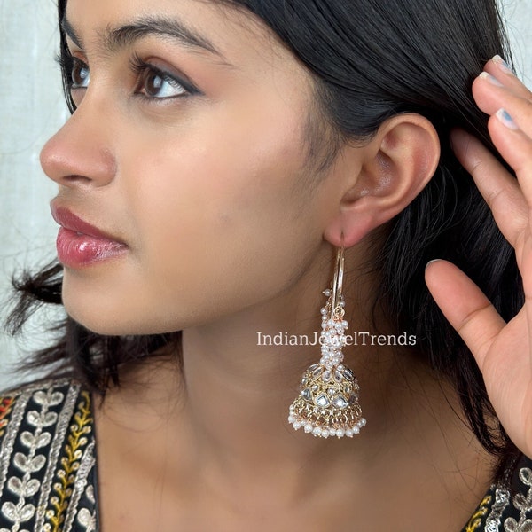 Large kundan pearl Hoop Earrings/Traditional ethnic hoop/Bali earring/Trendy/Statement earrings/Bali Jhumka//pakistani/Punjabi