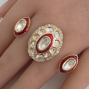 Ruby Bridal Fine Moissanite Kundan Ring/Two Finger Adjustable Ring/Statement Finger Ring, Indian Jewelry/Double Finger Ring, Cocktail Ring