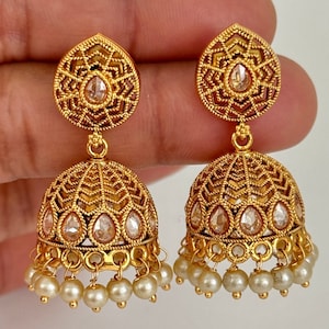 Gold Plated Polki Earrings/Polki Jhumka/Indian Earrings/pearl Earrings/Pakistani Earrings/Punjabi Earrings/Long chandelier/Wedding/Bridal