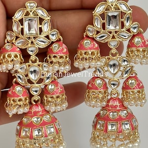 Bahubali Gold Pearl Meenakari Kundan Indian Long Jhumka earrings, Bollywood punjabi pakistani earrings for wedding jewelry