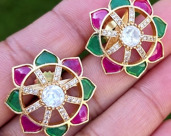 RubyGreen Moissanite Polki Antique Dull Gold Stud Earrings /Indian Jewelry /Statement Stud Earrings/Victorian Stud Earring/Diamond Stud