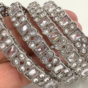 Set of 4 Silver Polki Kundan Silver Bangles Punjabi bangles Set/Bridal bangles /Polki Reverse AD bangles\Indian Bangles\Indian Wedding