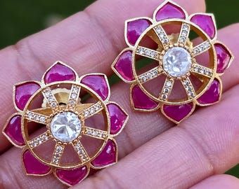 Ruby Moissanite Polki Antique Dull Gold Stud Earrings /Indian Jewelry /Statement Stud Earrings/Victorian Stud Earrings/Cz Studs/Diamond Stud