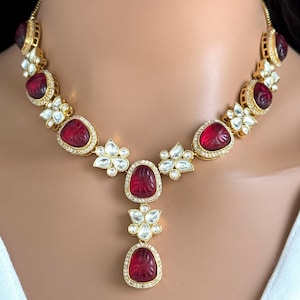 Ruby Fine Kundan Gold plated Victorian necklace, Indian Pakistani wedding jewelry, bridal jewelry, Kundan necklace, Designer necklace