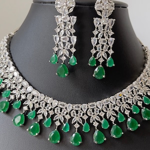 Emerald Green Silver CZ Diamond necklace/CZ Stones Necklace Set/Elegant/Unique Jewelry/Indian/Pakistani/Bollywood/Indian Wedding/Bridal