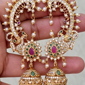 RubyGreen Antique Gold-plated Kemp Jhumka Earcuff Earrings/Earcuff Jhumkas/Traditional ethnic earrings/Trendy South indian earrings/Bridal
