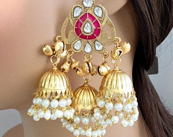 HotPink Kashmiri Jhumka Earrings, Gold-plated Dangler Earrings/Brass Jhumkas/Ethnic Gungroo earrings/Trendy earrings/Statement earrings