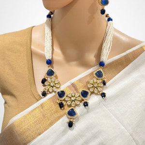 Blue Long Polki Necklace/Indian Long rani haar/Pakistani Jewelry/Kundan Long Mala se/|Indian Jewelry/beads Necklace|/Wedding