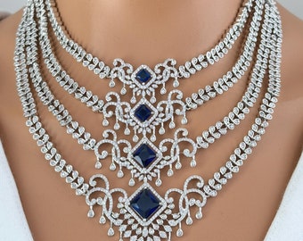 Niebieski amerykański naszyjnik z diamentami/amerykański diament/zestaw naszyjników z kamieniami cyrkoniowymi/elegancki/unikatowa biżuteria/indyjska/pakistańska/bollywoodzka/indyjski ślub