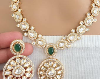 Green Moissanite Kundan Necklace/Indian Kundan Set /Bollywood Jewelry/Indian wedding/Bridal Indian Wedding/Pakistani/Punjabi