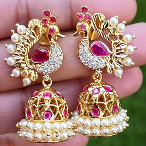 Gold Jadau Kemp Peacock Jhumka/Stone Jhumka/Light weight Jhumka Earrings/Indian Jewelry/Pakistani/Punjabi/Indian/Indian wedding