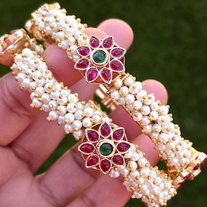 Set of 2 Pearl Rubygreen Kemp Stones Openable Bangles(2 PC)/Gold  Bangles/Indian Bangles/Kemp bangles/Indian wedding/bridal Gold bangles