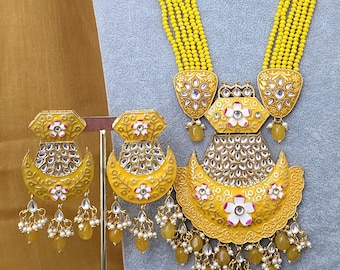 Yellow Kundan long necklace/Indian jewelry/Kundan rani haar/Mala necklace set/Indian Wedding/Bridal Necklace/Punjabi Jewelry/Pakistani