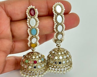 Jhumka antique en pierre miroir/Bijoux indiens/Boucles d'oreilles miroir/Bijoux pakistanais/Punjabi/Boucles d'oreilles déclaration/Boucles d'oreilles de mariée/Mariage indien/cadeaux