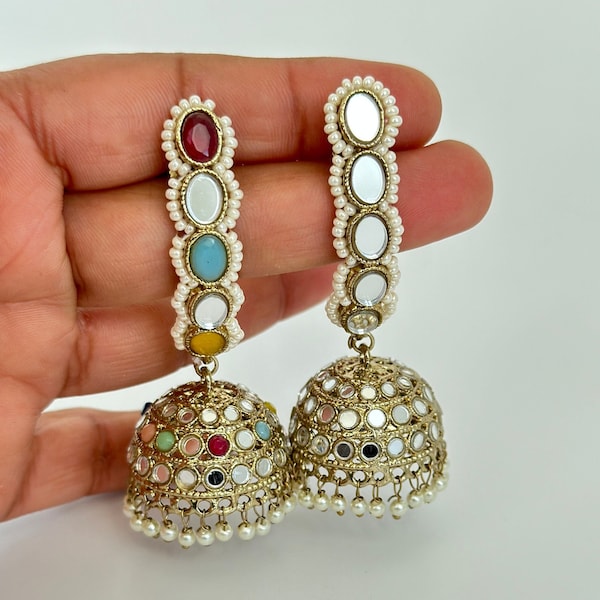 Antique Mirror stone Jhumka/Indian Jewelry/Mirror earrings/Pakistani jewelry/Punjabi/Statement earrings/Bridal earrings/Indian wedding/gifts