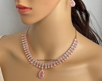 Pink CZ diamond Necklace,Indian Pakistani wedding Jewelry,Mother of the Bride,Crystal Necklace, Bridesmaid, Gift for her