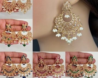 Gold Polki Kundan chandbali Indian Pakistani Earrings, Antique Chand Earring With Gold Plating