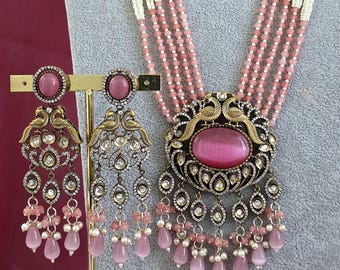 Pink Victorian Polki Kundan Necklace/Indian Long Necklace/Statement Necklace/Long Mala/Semi Precious Necklace/Rani Haar/Pakistani jewelry