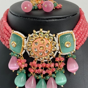 MintPink Rajwadi Jaipuri Kundan meenakari necklace, Indian wedding Jewelry, Bridal jewelry pakistani Jewelry