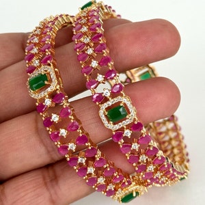 Set of 2 Ruby Emerald Gold Diamond Bangles(2 PC)/CZ Bangles/Indian Bangles/CZ stone bangles/Indian wedding/bridal jewelry/Gold bangles