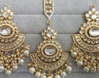 Witte Kundan Tikka-oorbellen set /Indian Bridal Maang Tikka-set/Kundan-oorbellen/Jaggo, Mayya-sieraden/Indiase sieraden/cadeau bruidsmeisje