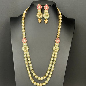 RubyGreen Kundan Meenakari Long Necklace set/Indian Jewelry/Gold Long necklace/Rani haar/Indian wedding /Bridal necklace Bollywood necklace
