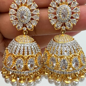 Cubic Zirconia Perle Jhumki mit 2 Ton Rhodium Überzug, CZ Diamant Jhumka / CZ Indian Jhumka / Pakistanischer Schmuck / indische Hochzeit / Geschenk für sie