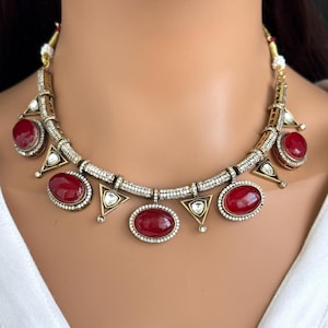 Ruby Red Victorian Doublet CZ Kundan Necklace/Kundan Choker/Bollywood Jewelry/Bridal jewelry/Indian Wedding/Pakistani/Punjabi Jewelry