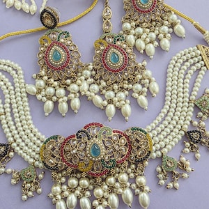 Multi antique Polki Kundan Choker Necklace, Indian necklace set, Indian Pakistani Wedding Jewelry