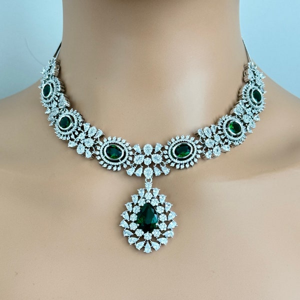 Emerald Cz Diamond necklace/American Diamond/CZ Stones Necklace Set/Elegant/Unique Jewelry/Indian/Pakistani/Bollywood/Indian Wedding/Bridal