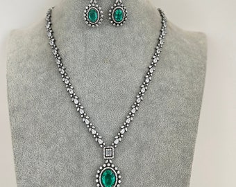 Green CZ diamond Long Necklace, Bridal Necklace, Indian Jewelry, Pakistani Jewelry, Bollywood Indian Wedding