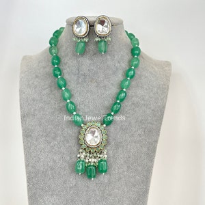 Minze viktorianische ungeschnittene Polki Kundan Halskette/Indische lange Kette/Statement Kette/Lange Mala/Semi Precious Kette/Rani Haar/Pakistanisch