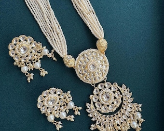 Kundan Pearl long necklace/Indian jewelry/Kundan rani haar/Mala necklace set/Indian Wedding/Bridal Necklace/Punjabi/Pakistani Jewelry