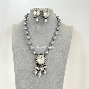 Graue ungeschnittene Viktorianische Polki Kundan Kette/Indische lange Kette/Statement Kette/Lange Mala/Semi Precious Kette/Rani Haar/Pakistanisch
