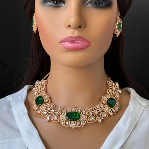 Emerald Gold Victorian uncut polki CZ Necklace, Sabyasachi Necklace, Statement Necklace, Semi Precious Necklace, Designer,Indian Pakistani