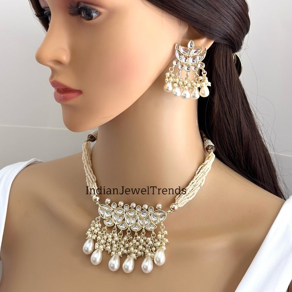 White Pearl Kundan Necklace Set/Kundan Choker/ Bollywood Jewelry/ Indian Pakistani necklace/ punjabi necklace/bridal necklace/indian wedding