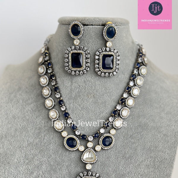 Blue Victorian uncut polki CZ stone diamond Necklace, Sabyasachi Necklace, Statement Necklace, Semi Precious Necklace, Designer necklace
