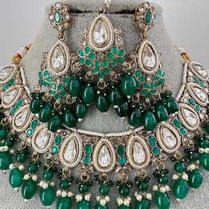 Emerald Green Kundan Necklace Set, Kundan Choker, Bollywood Jewelry, Indian Pakistani jewelry for wedding