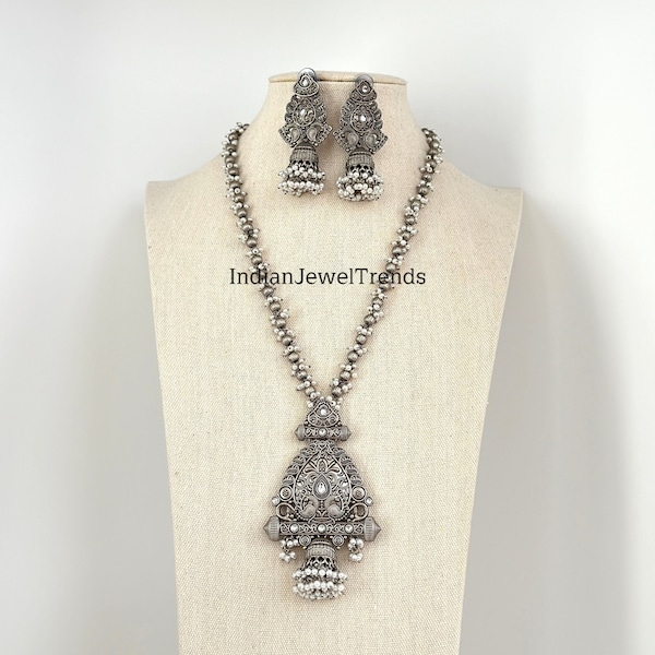 Handcrafted Thread Oxidized Long Necklace/Oxidized Indian Jewelry/Boho Jewelry Necklace/Afghan Set/Afghani jewelry/gypsy necklace