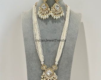 Restocked Pearl uncut polki Kundan Long Necklace set/Gold Long necklace/Rani haar/Indian wedding, Pearl necklace Bollywood Bridesmaid Gift